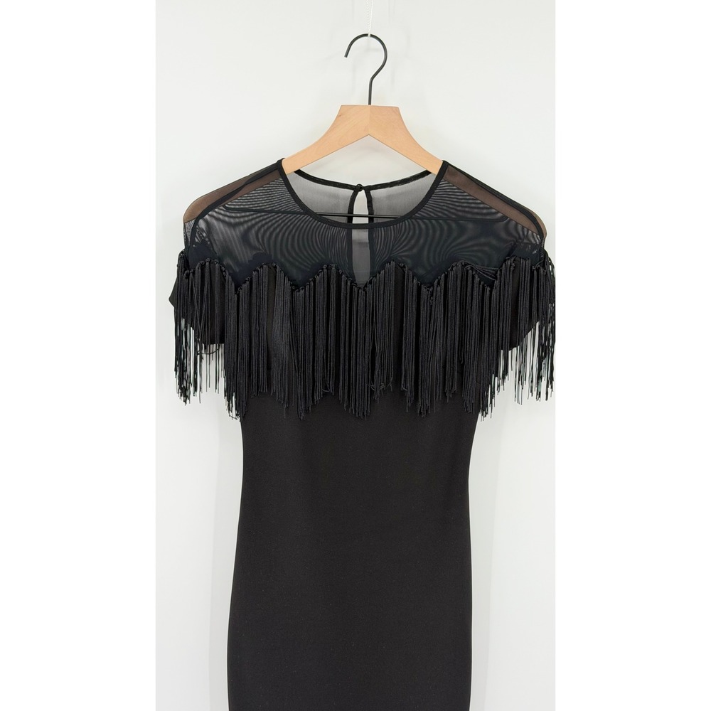 Marciano XS Bodycon Little Black Dress Fringe Mesh Sheer Glam Cocktail Party - Picture 2 of 8